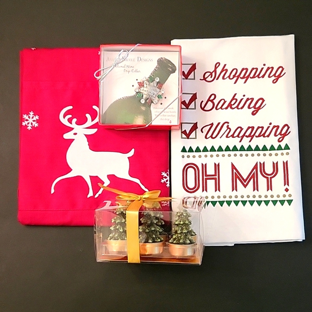 NEW Holiday Hosting Gift Set! 4 pc: Apron, Towel, Tealights, Wine Collar!
